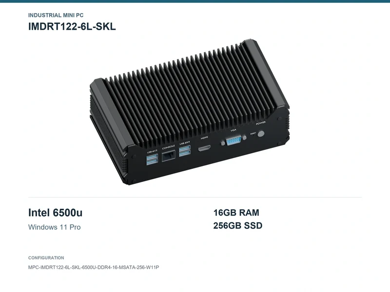 IMDRT122-6L-SKL Fanless Mini PC - Core i7-6500U, 16GB, 256GB mSATA, Windows 11 Pro