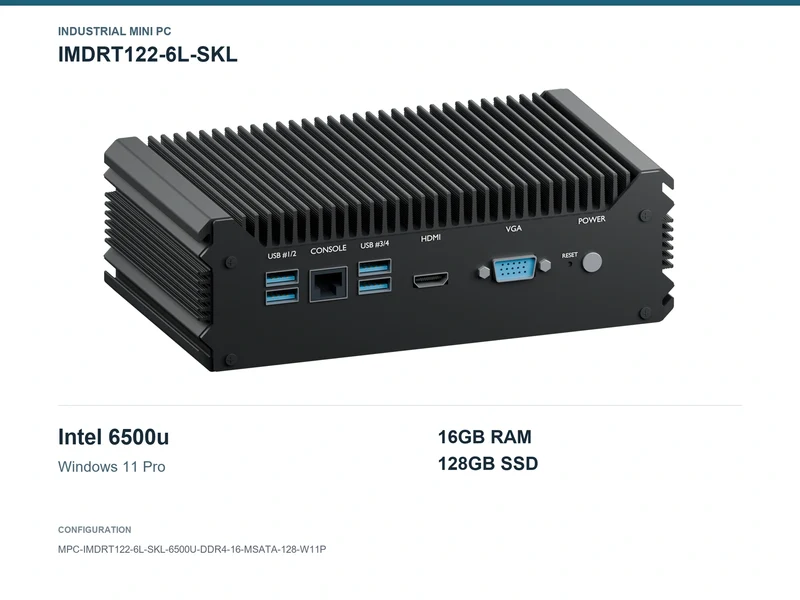 IMDRT122-6L-SKL Fanless Mini PC - Core i7-6500U, 16GB, 128GB mSATA, Windows 11 Pro