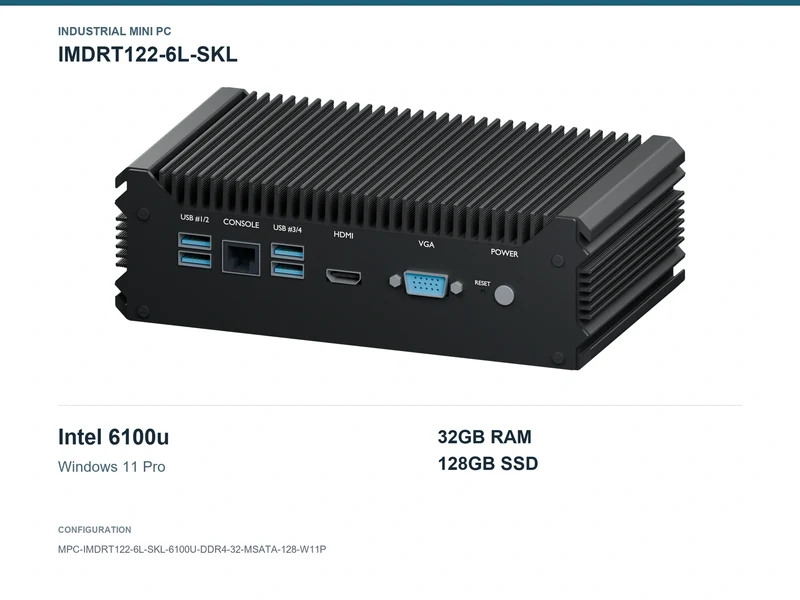 IMDRT122-6L-SKL Fanless Mini PC - Core i3-6100U, 32GB, 128GB mSATA, Windows 11 Pro