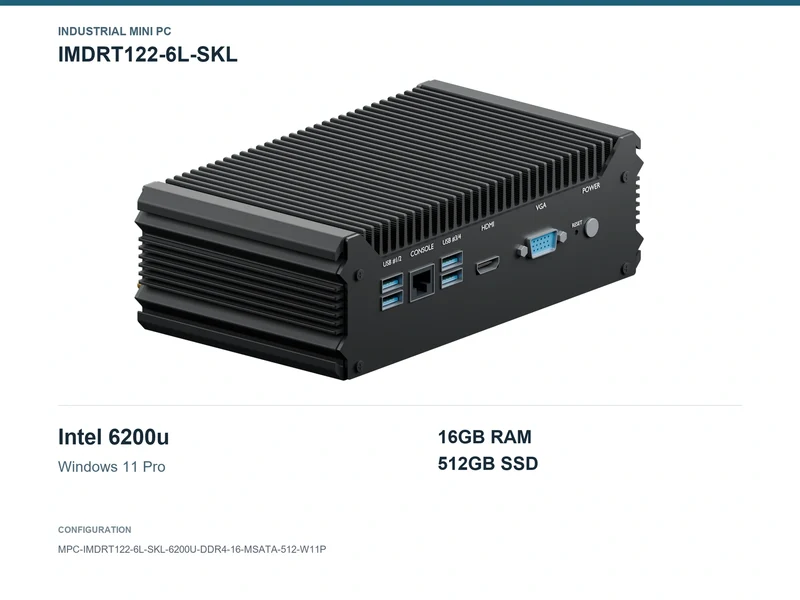 IMDRT122-6L-SKL Fanless Mini PC - Core i5-6200U, 16GB, 512GB mSATA, Windows 11 Pro