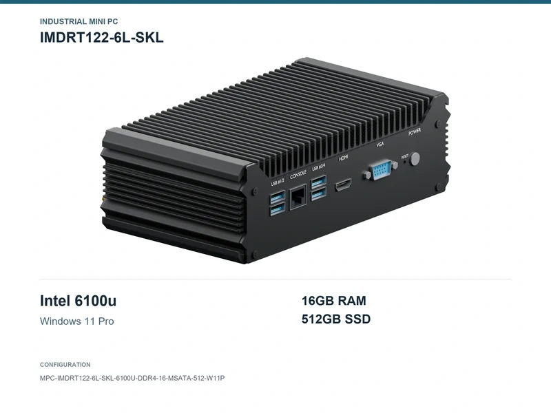IMDRT122-6L-SKL Fanless Mini PC - Core i3-6100U, 16GB, 512GB mSATA, Windows 11 Pro