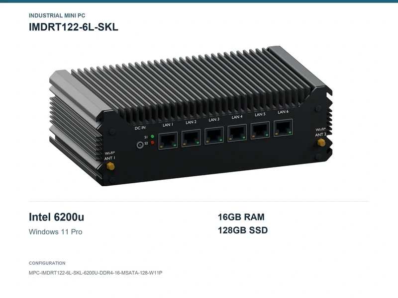 IMDRT122-6L-SKL Fanless Mini PC - Core i5-6200U, 16GB, 128GB mSATA, Windows 11 Pro
