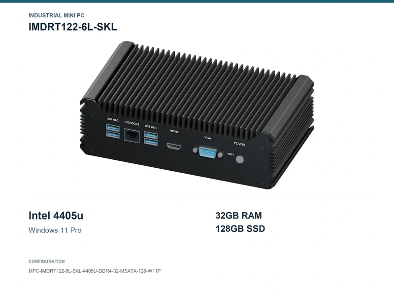 IMDRT122-6L-SKL Fanless Mini PC - Pentium 4405U, 32GB, 128GB mSATA, Windows 11 Pro