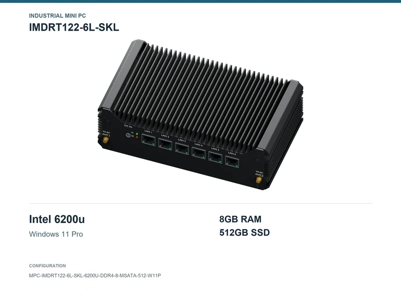IMDRT122-6L-SKL Fanless Mini PC - Core i5-6200U, 8GB, 512GB mSATA, Windows 11 Pro