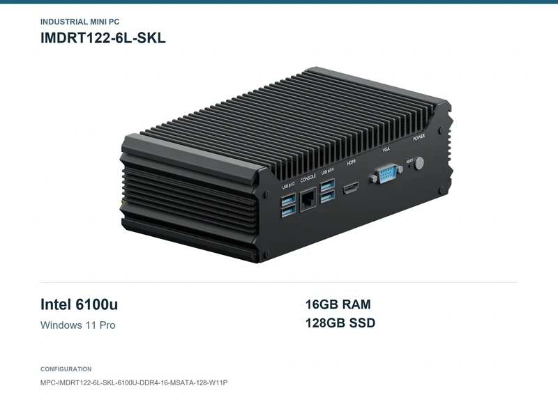 IMDRT122-6L-SKL Fanless Mini PC - Core i3-6100U, 16GB, 128GB mSATA, Windows 11 Pro