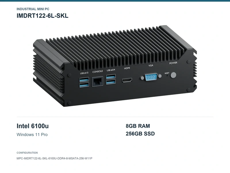 IMDRT122-6L-SKL Fanless Mini PC - Core i3-6100U, 8GB, 256GB mSATA, Windows 11 Pro