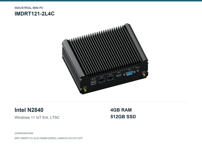 IMDRT121-2L4C Fanless Mini PC - Celeron N2840, 4GB, 512GB mSATA, Windows 11 IoT LTSC