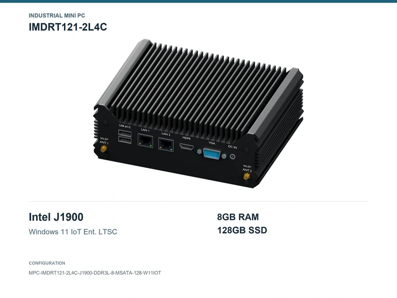 IMDRT121-2L4C Fanless Mini PC - Celeron J1900, 8GB, 128GB mSATA, Windows 11 IoT LTSC