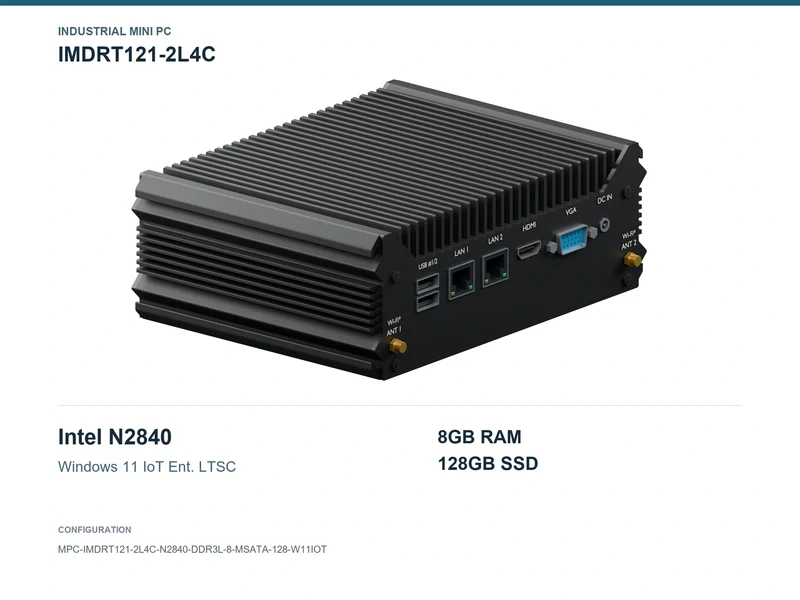 IMDRT121-2L4C Fanless Mini PC - Celeron N2840, 8GB, 128GB mSATA, Windows 11 IoT LTSC