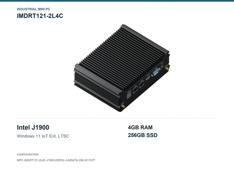 IMDRT121-2L4C Fanless Mini PC - Celeron J1900, 4GB, 256GB mSATA, Windows 11 IoT LTSC