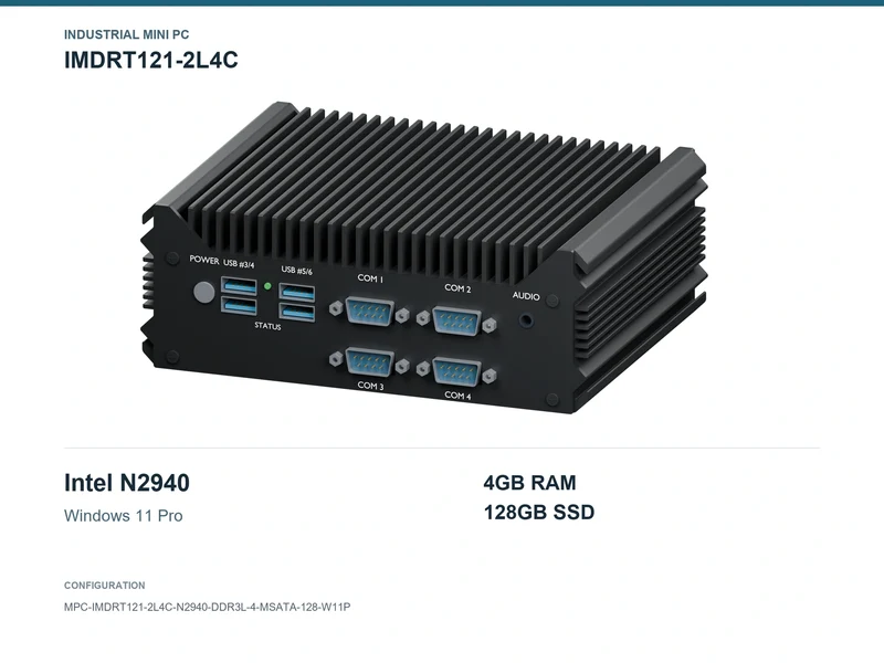 IMDRT121-2L4C Fanless Mini PC - Celeron N2940, 4GB, 128GB mSATA, Windows 11 Pro