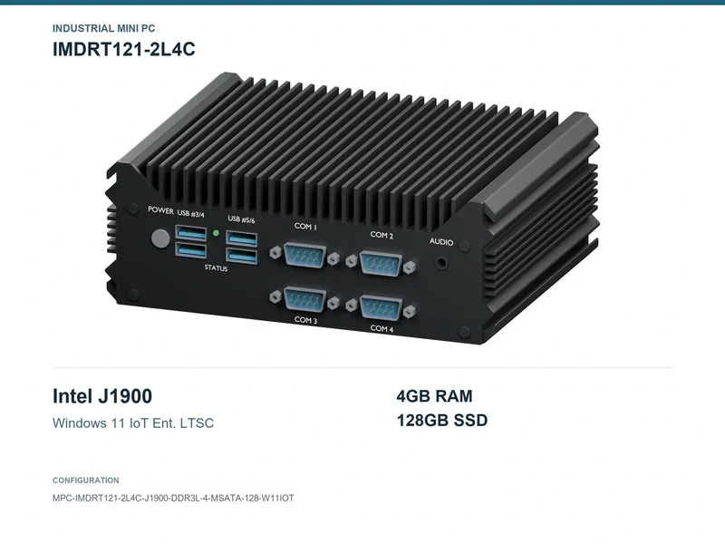 IMDRT121-2L4C Fanless Mini PC - Celeron J1900, 4GB, 128GB mSATA, Windows 11 IoT LTSC