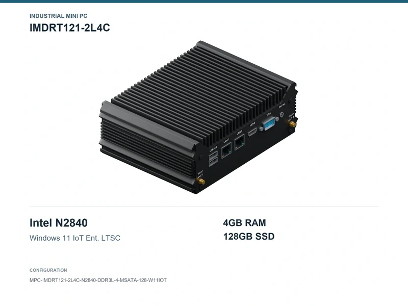 IMDRT121-2L4C Fanless Mini PC - Celeron N2840, 4GB, 128GB mSATA, Windows 11 IoT LTSC