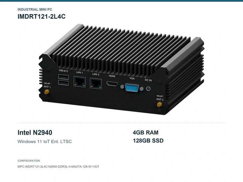 IMDRT121-2L4C Fanless Mini PC - Celeron N2940, 4GB, 128GB mSATA, Windows 11 IoT LTSC