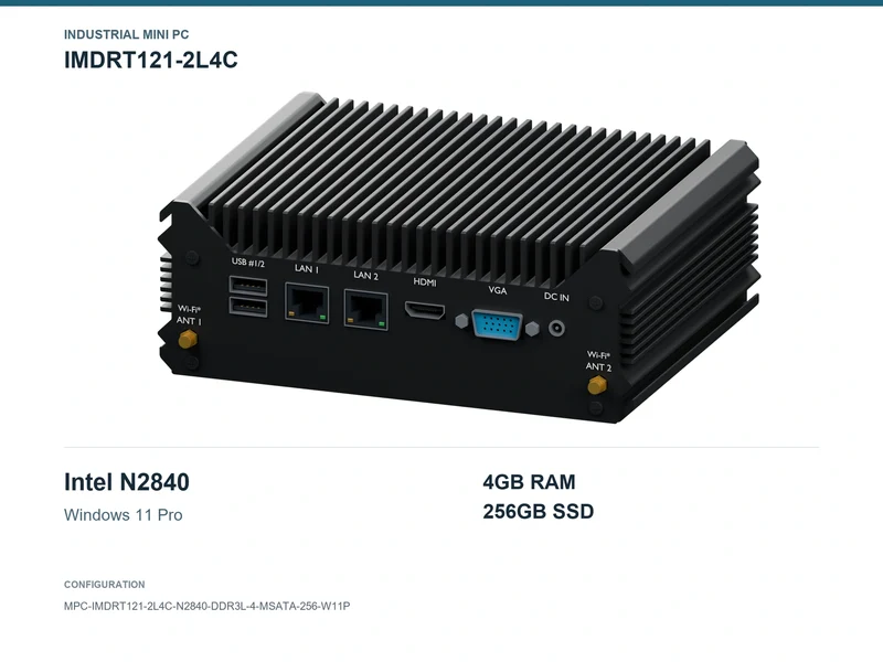 IMDRT121-2L4C Fanless Mini PC - Celeron N2840, 4GB, 256GB mSATA, Windows 11 Pro