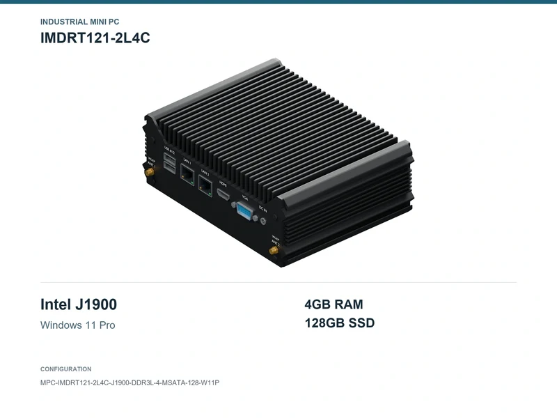 IMDRT121-2L4C Fanless Mini PC - Celeron J1900, 4GB, 128GB mSATA, Windows 11 Pro