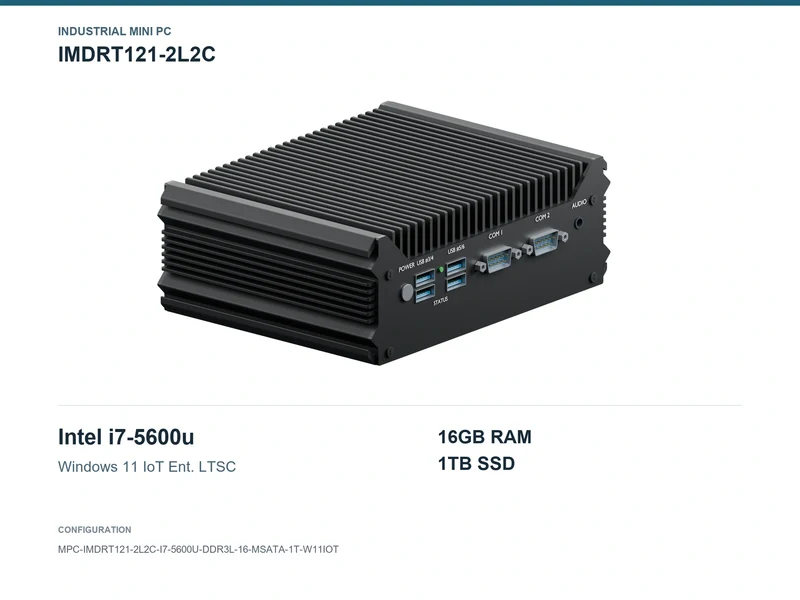 IMDRT121-2L2C Fanless Mini PC - Core i7-5600U, 16GB, 1TB mSATA, Windows 11 IoT LTSC