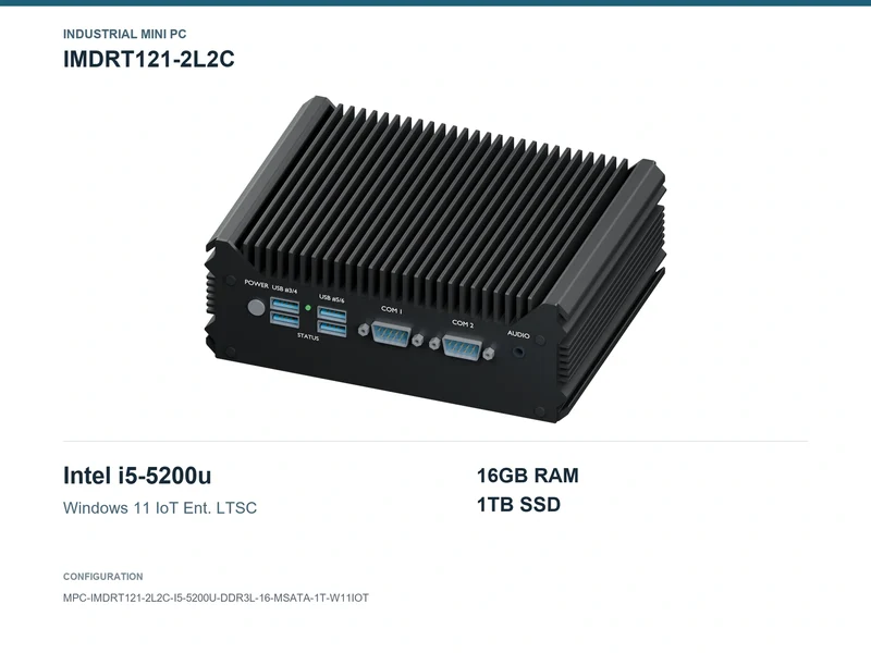 IMDRT121-2L2C Fanless Mini PC - Core i5-5200U, 16GB, 1TB mSATA, Windows 11 IoT LTSC