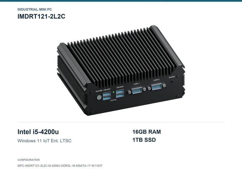 IMDRT121-2L2C Fanless Mini PC - Core i5-4200U, 16GB, 1TB mSATA, Windows 11 IoT LTSC