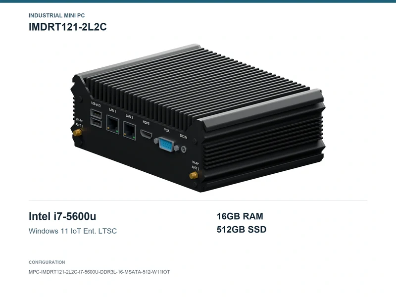 IMDRT121-2L2C Fanless Mini PC - Core i7-5600U, 16GB, 512GB mSATA, Windows 11 IoT LTSC