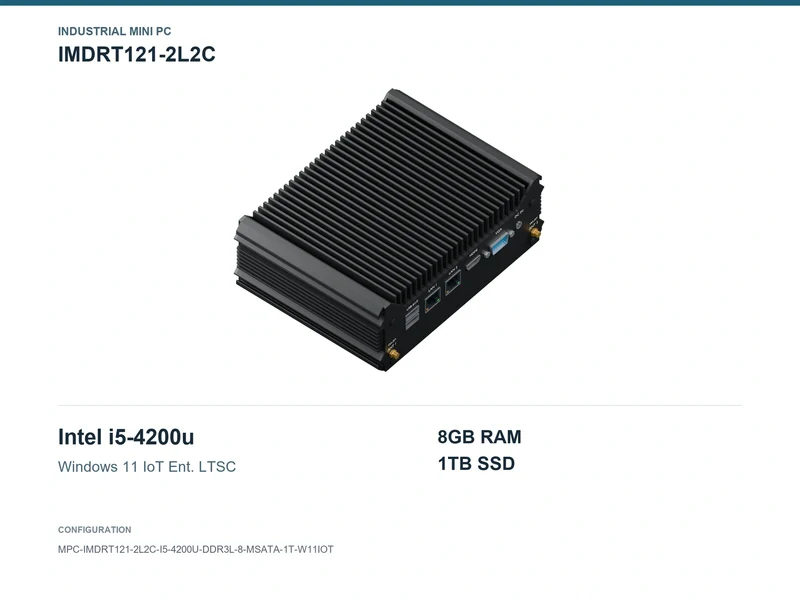 IMDRT121-2L2C Fanless Mini PC - Core i5-4200U, 8GB, 1TB mSATA, Windows 11 IoT LTSC