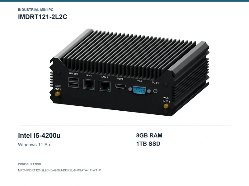 IMDRT121-2L2C Fanless Mini PC - Core i5-4200U, 8GB, 1TB mSATA, Windows 11 Pro