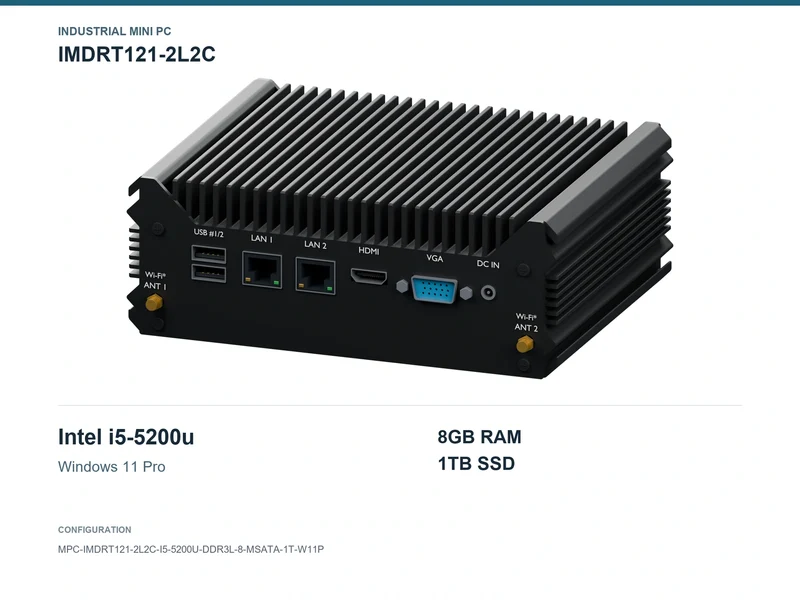IMDRT121-2L2C Fanless Mini PC - Core i5-5200U, 8GB, 1TB mSATA, Windows 11 Pro