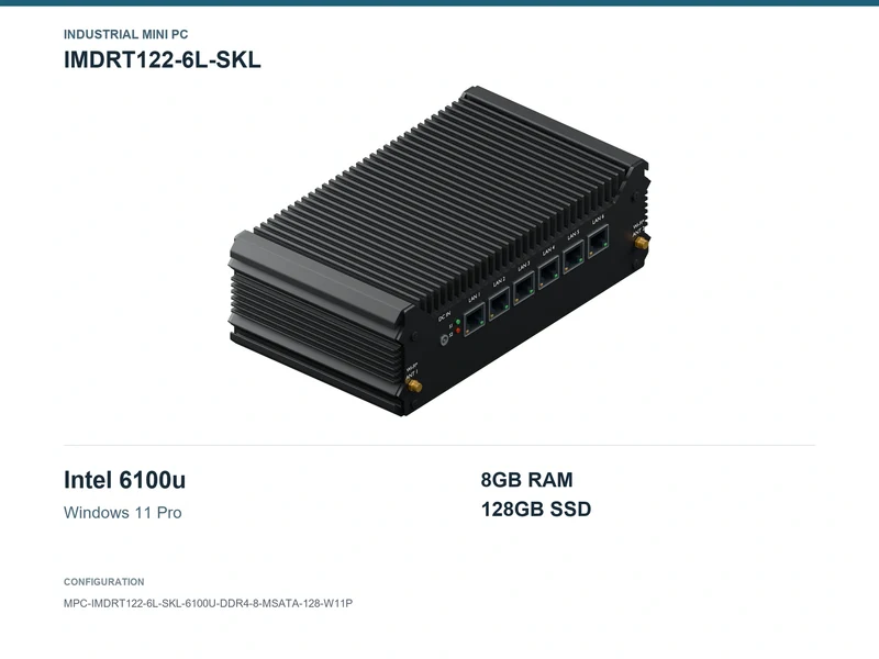 IMDRT122-6L-SKL Fanless Mini PC - Core i3-6100U, 8GB, 128GB mSATA, Windows 11 Pro