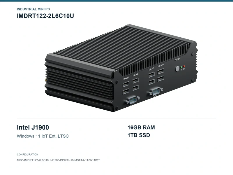 IMDRT122-2L6C10U Fanless Mini PC - Celeron J1900, 16GB, 1TB mSATA, Windows 11 IoT LTSC