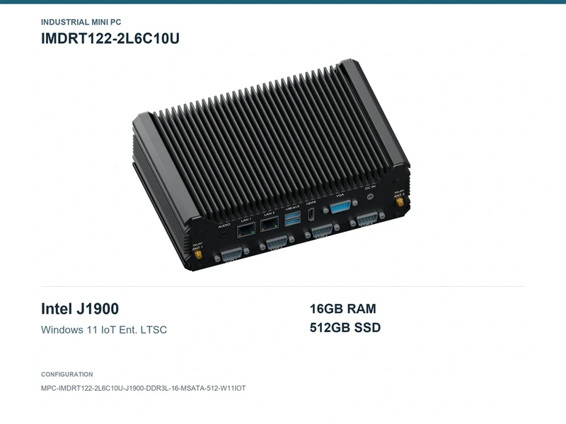 IMDRT122-2L6C10U Fanless Mini PC - Celeron J1900, 16GB, 512GB mSATA, Windows 11 IoT LTSC