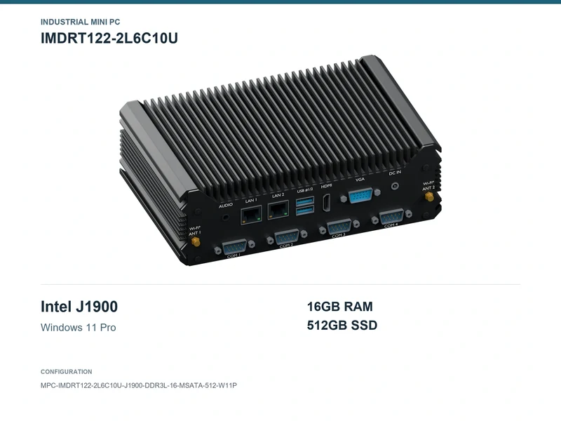 IMDRT122-2L6C10U Fanless Mini PC - Celeron J1900, 16GB, 512GB mSATA, Windows 11 Pro