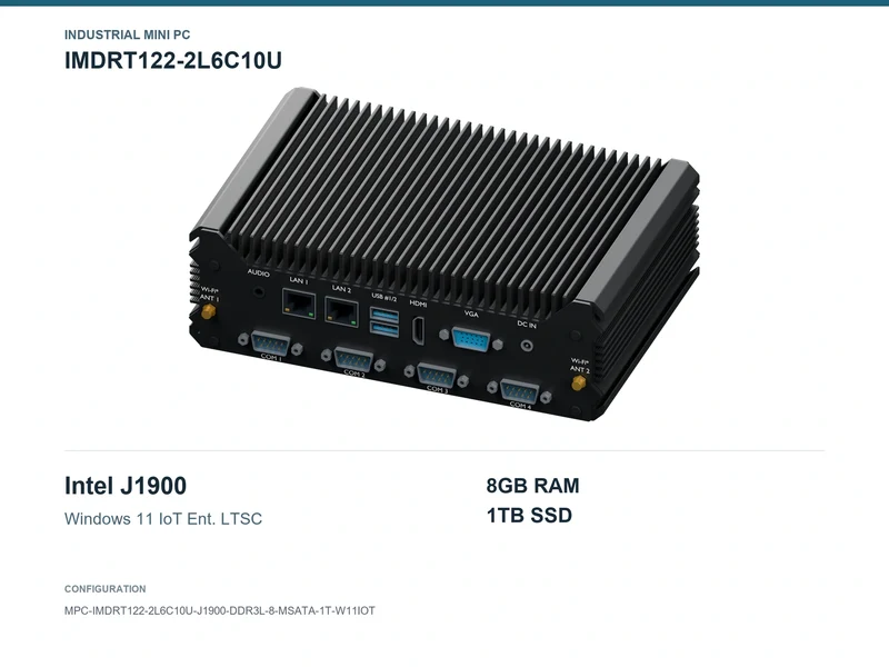 IMDRT122-2L6C10U Fanless Mini PC - Celeron J1900, 8GB, 1TB mSATA, Windows 11 IoT LTSC
