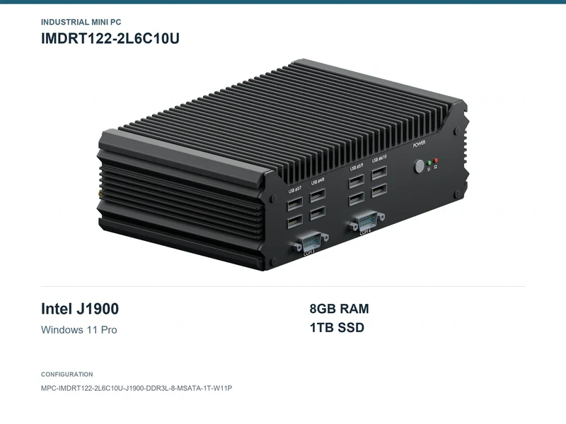 IMDRT122-2L6C10U Fanless Mini PC - Celeron J1900, 8GB, 1TB mSATA, Windows 11 Pro