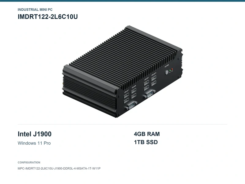 IMDRT122-2L6C10U Fanless Mini PC - Celeron J1900, 4GB, 1TB mSATA, Windows 11 Pro