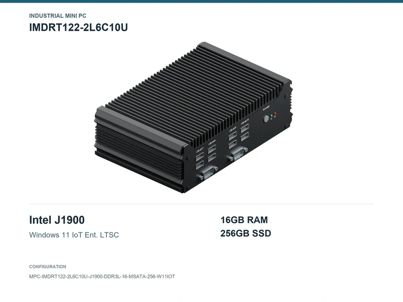 IMDRT122-2L6C10U Fanless Mini PC - Celeron J1900, 16GB, 256GB mSATA, Windows 11 IoT LTSC