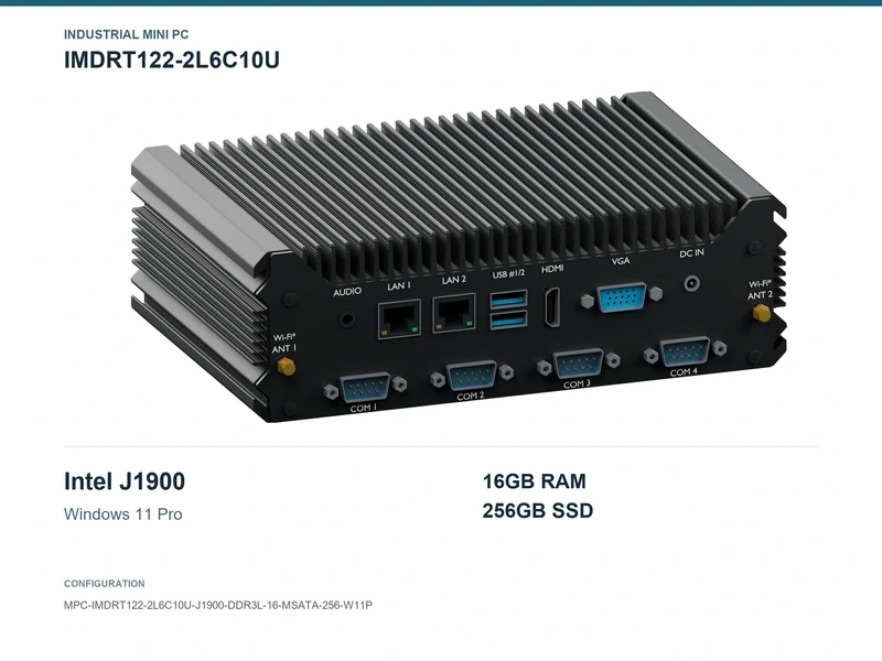IMDRT122-2L6C10U Fanless Mini PC - Celeron J1900, 16GB, 256GB mSATA, Windows 11 Pro