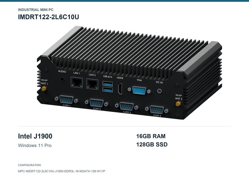 IMDRT122-2L6C10U Fanless Mini PC - Celeron J1900, 16GB, 128GB mSATA, Windows 11 Pro