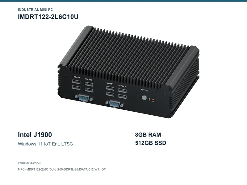 IMDRT122-2L6C10U Fanless Mini PC - Celeron J1900, 8GB, 512GB mSATA, Windows 11 IoT LTSC