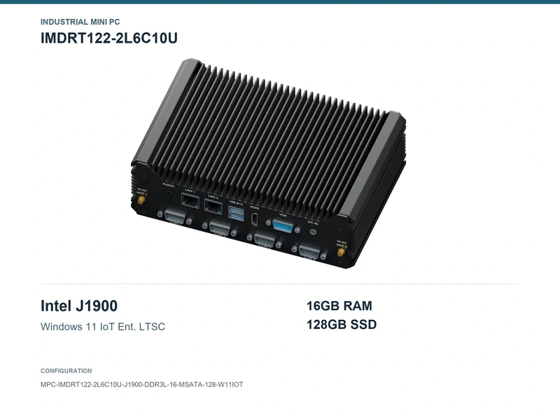 IMDRT122-2L6C10U Fanless Mini PC - Celeron J1900, 16GB, 128GB mSATA, Windows 11 IoT LTSC