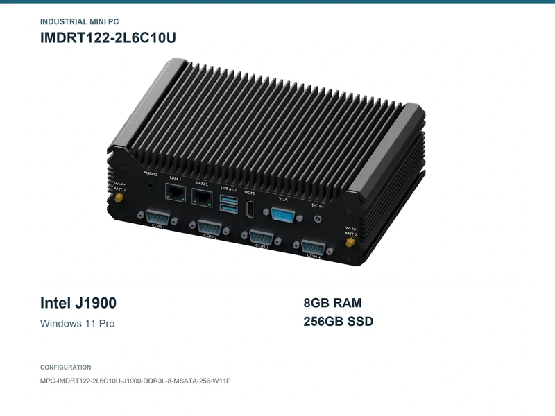 IMDRT122-2L6C10U Fanless Mini PC - Celeron J1900, 8GB, 256GB mSATA, Windows 11 Pro