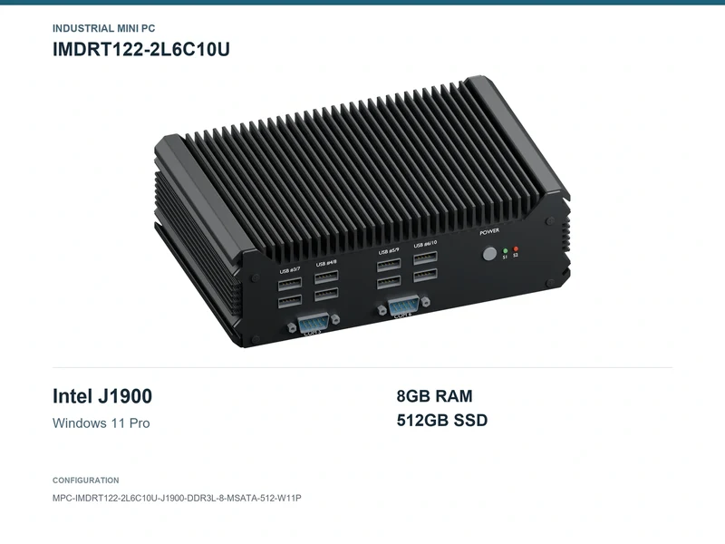 IMDRT122-2L6C10U Fanless Mini PC - Celeron J1900, 8GB, 512GB mSATA, Windows 11 Pro