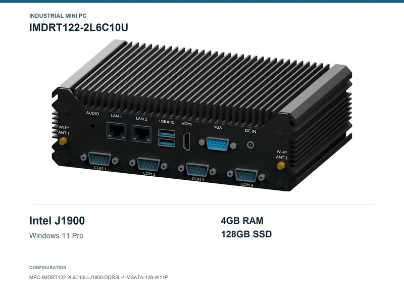 IMDRT122-2L6C10U Fanless Mini PC - Celeron J1900, 4GB, 128GB mSATA, Windows 11 Pro