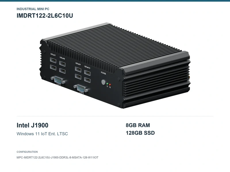 IMDRT122-2L6C10U Fanless Mini PC - Celeron J1900, 8GB, 128GB mSATA, Windows 11 IoT LTSC