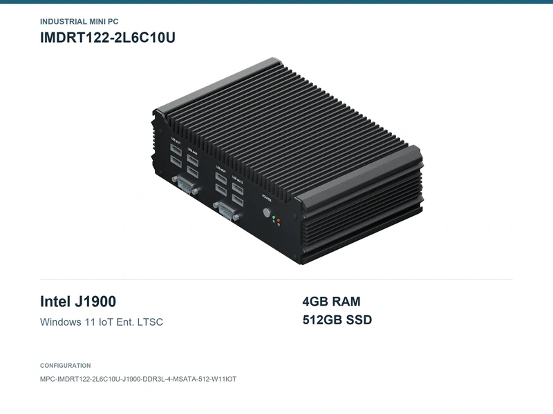 IMDRT122-2L6C10U Fanless Mini PC - Celeron J1900, 4GB, 512GB mSATA, Windows 11 IoT LTSC