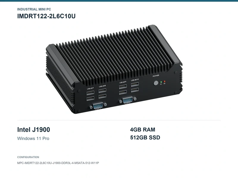 IMDRT122-2L6C10U Fanless Mini PC - Celeron J1900, 4GB, 512GB mSATA, Windows 11 Pro