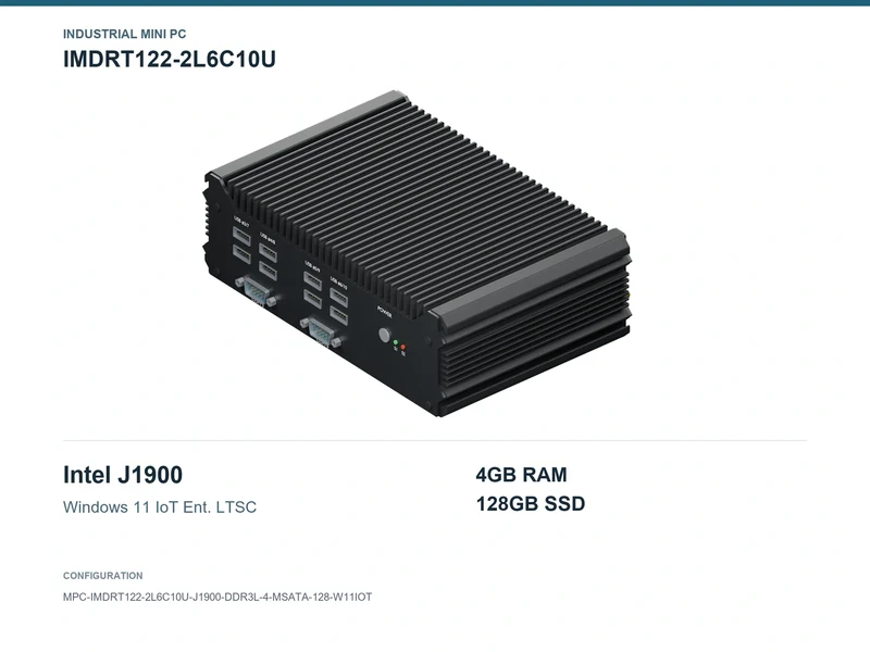 IMDRT122-2L6C10U Fanless Mini PC - Celeron J1900, 4GB, 128GB mSATA, Windows 11 IoT LTSC