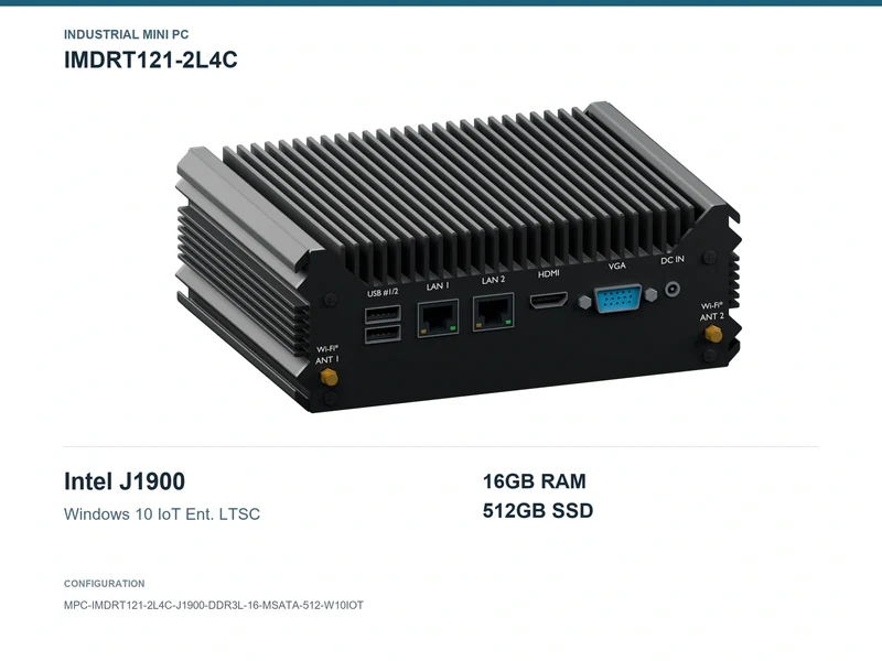 IMDRT121-2L4C Fanless Mini PC - Celeron J1900, 16GB, 512GB mSATA, Windows 10 IoT LTSC