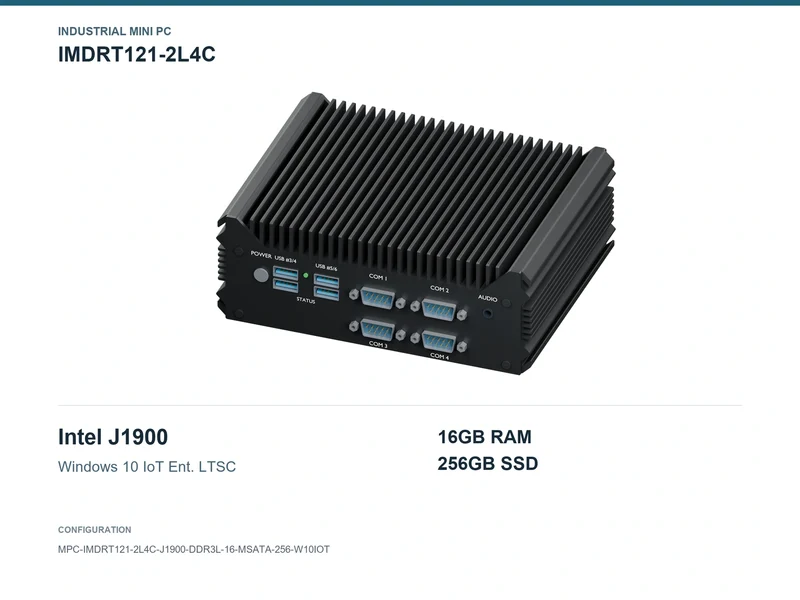 IMDRT121-2L4C Fanless Mini PC - Celeron J1900, 16GB, 256GB mSATA, Windows 10 IoT LTSC