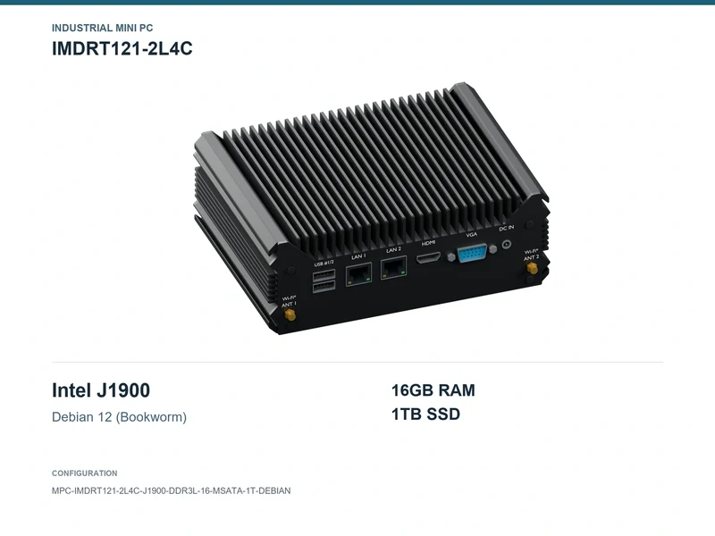 IMDRT121-2L4C Fanless Mini PC - Celeron J1900, 16GB, 1TB mSATA, Debian 12