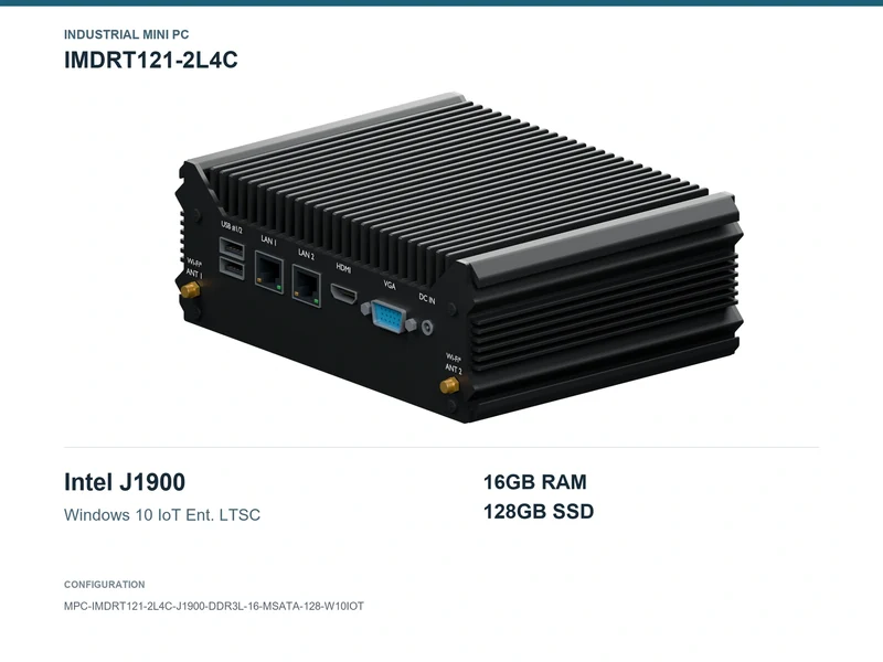 IMDRT121-2L4C Fanless Mini PC - Celeron J1900, 16GB, 128GB mSATA, Windows 10 IoT LTSC